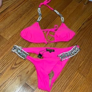 Never worn hot pink embellished bikini. Side tie scrunch bottom